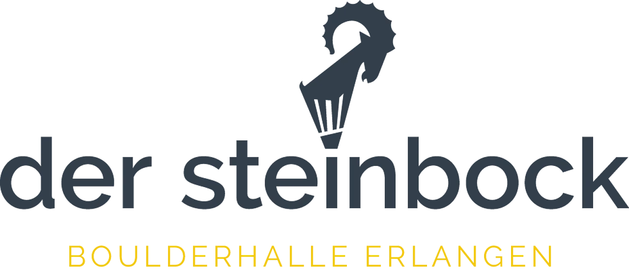 in schwarzen Kleinbuchstaben der Schriftzug der steinbock auf dem kleinen I-Punkt steht ein Steinbock, ganz unten in gelber Schrift Boulderhalle Erlangen